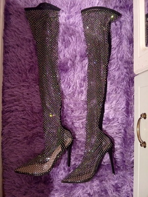 Knee-high boots new, size 39, mesh with rhinestones, 12cm heel