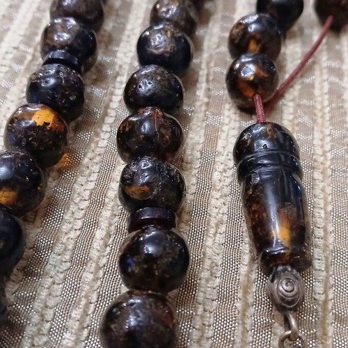 Amber Worry Beads used, Baltic amber, silver elements, 33 beads