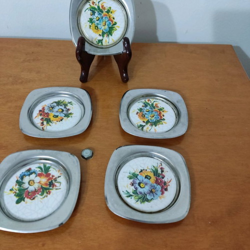 Vintage metal coasters with porcelain like new