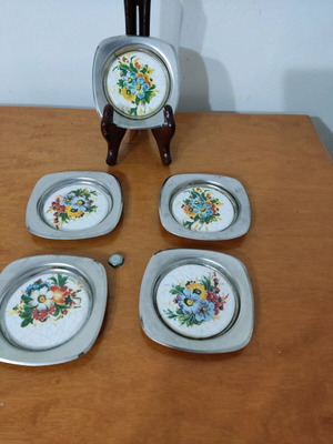 Vintage metal coasters with porcelain like new