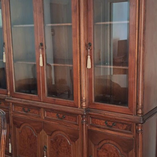 Cabinet and dining table set like new, 6 chairs, 2 extension leaves, solid walnut