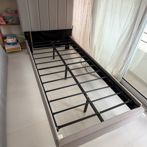 Single bed with fabric upholstery and IKEA mattress like new