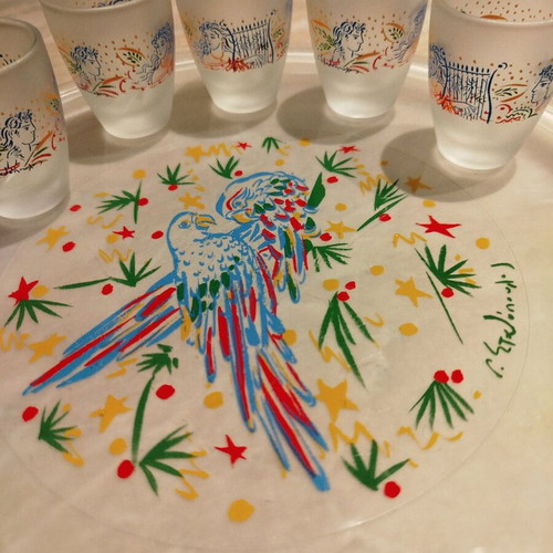 Lumidis collectible plate with 5 shot glasses like new