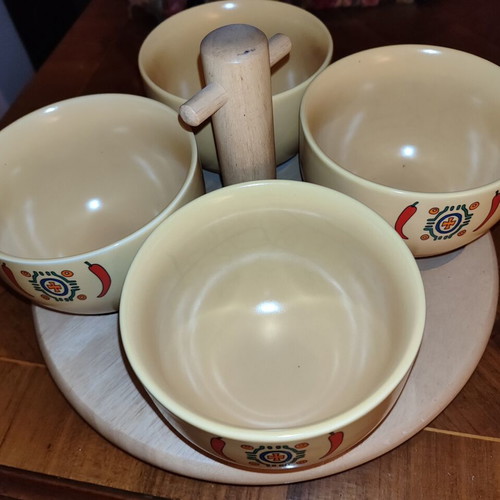 Sagaform rotating serving tray with 4 yellow bowls