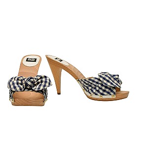Dolce & Gabbana D&G Blue White Check Bow Wood Pin Up Heels Mules Sandal Shoes 39