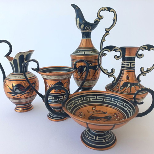 Set of 5 old copper amphora miniatures like new, handmade Greek