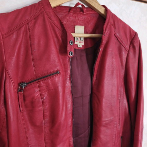 Lapel Red Leather Jacket L Size Slim Fit Like New