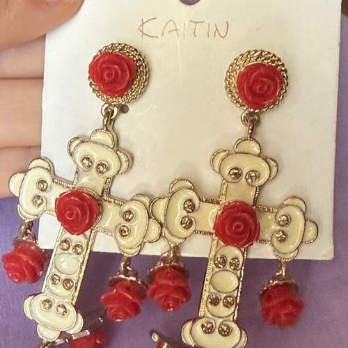 Earrings new, white and red floral cross design