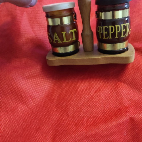 Salt and pepper holder used, wooden with glass containers