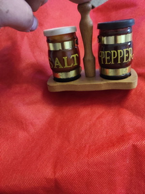 Salt and pepper holder used, wooden with glass containers