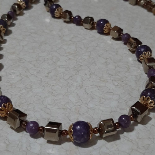 Necklace with Lepidolite and Hematite in 925 Silver, over 60 cm, new