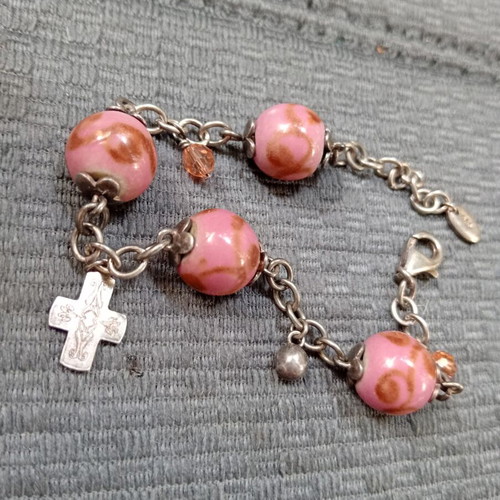 Esprit vintage 925 silver bracelet with glass beads and cross charm