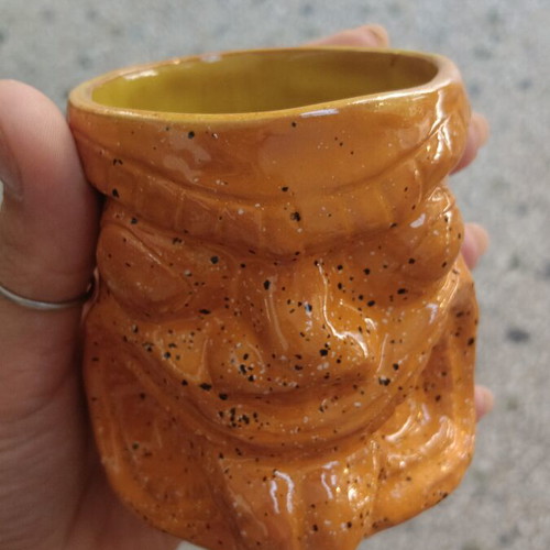Handmade ceramic tiki mug used, terracotta clay, orange and yellow