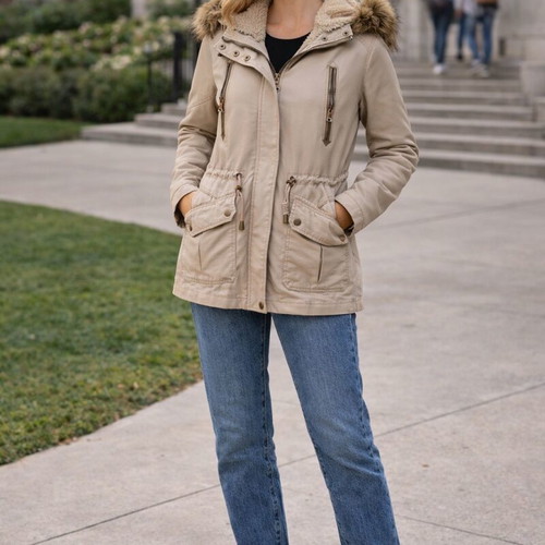 Bershka beige parka jacket used with fur and leather details