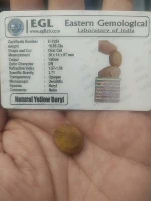 Yellow Beryl 16.05 ct new with certificate of authenticity