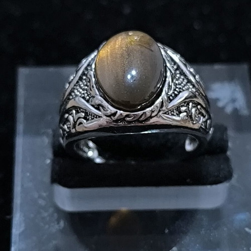 Men's ring with gold brown Cat's Eye stone, silver antique design