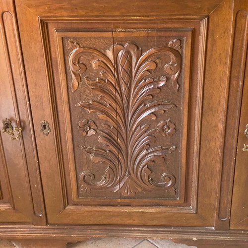 Handmade carved walnut display cabinet used, 1950s vintage