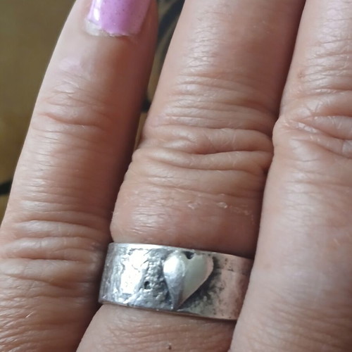 Handmade 925 silver ring with gold fish and heart, 17.5 mm