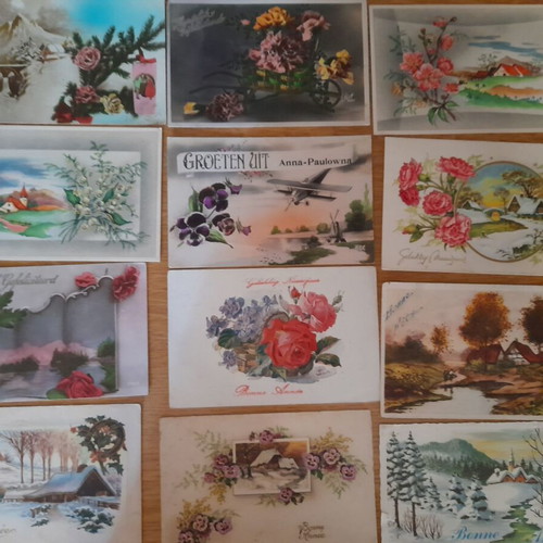 Vintage greeting postcards with flowers and landscapes, used, pack of 12