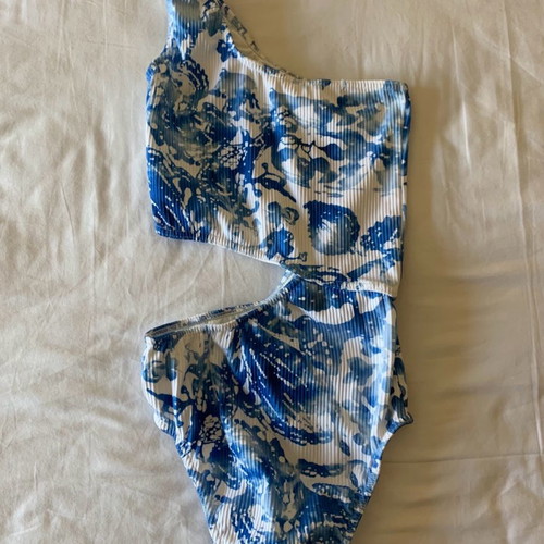 One-piece swimsuit used, blue floral, size S/M