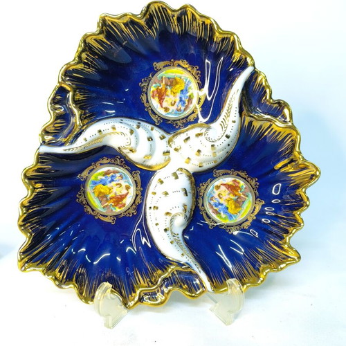 Vintage Limoges porcelain serving plate with cobalt blue and gold details like new