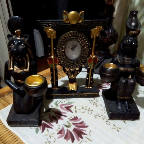 Ethnic table clock and two candle holders set used, Egyptian style