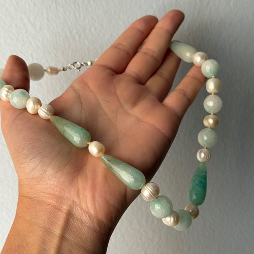 Necklace with amazonite, pearls and 925 silver like new