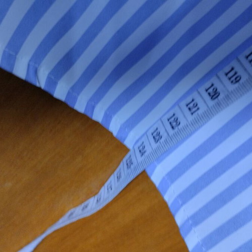 Summer dress with V-neck and long waist ties, blue and white stripes, size M
