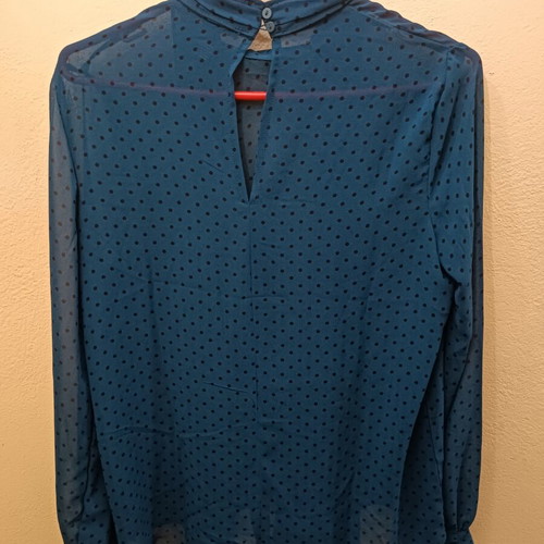 Transparent petrol blouse with polka dots and integrated scarf, like new