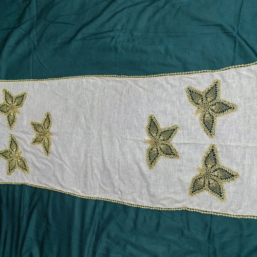 Vintage 60s handmade table runner set with gold butterflies and lace, 2 doilies like new