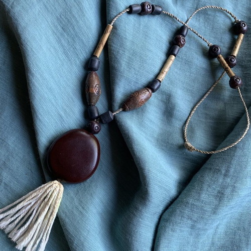 Handmade summer necklace like new, wooden beads, ceramic, stone, thread