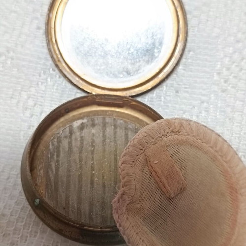 Vintage powder compact used, bronze with original pom pom