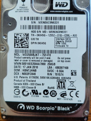 WD Black HDD 2.5 inch 250GB like new