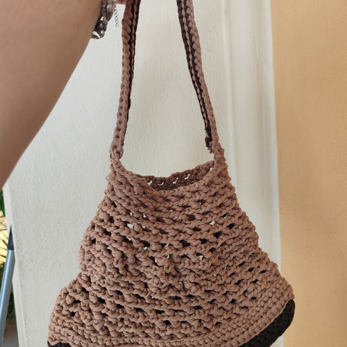 Crochet shoulder bag like new, beige and brown