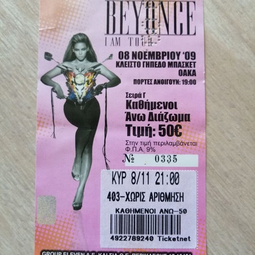 Beyonce concert collectible ticket used, 2009