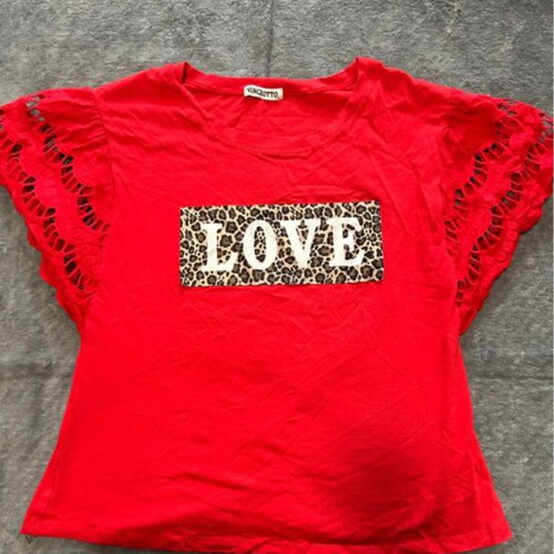 Short-sleeve blouse like new, red with lace and leopard print