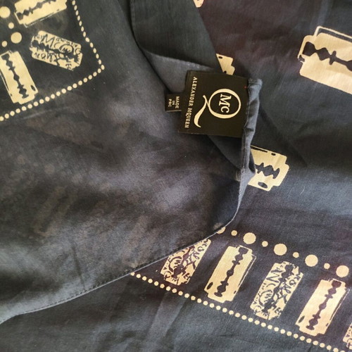 Alexander McQueen scarf with razor blade print, like new, blue cotton