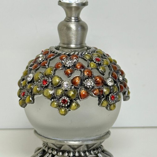 Vintage glass perfume bottle with floral enamel decoration