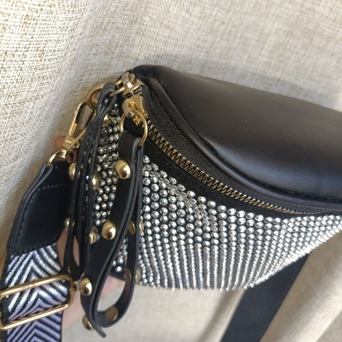 Black crossbody bag with embossed silver rhinestones