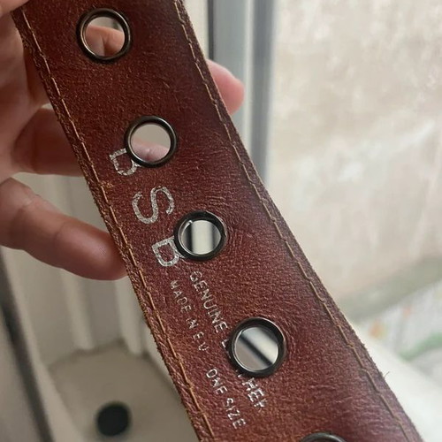BsB belt with blue elastic and brown leather buckle