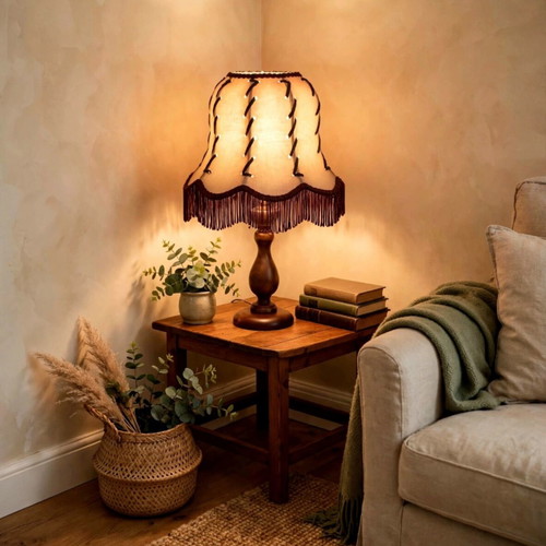 Set of 2 Vintage 70s Boho Lamps with Burgundy Fringe