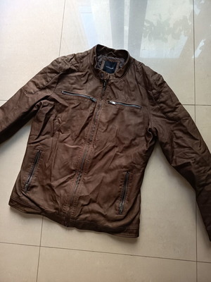 Men's leather jacket used, synthetic leather, brown, XXL