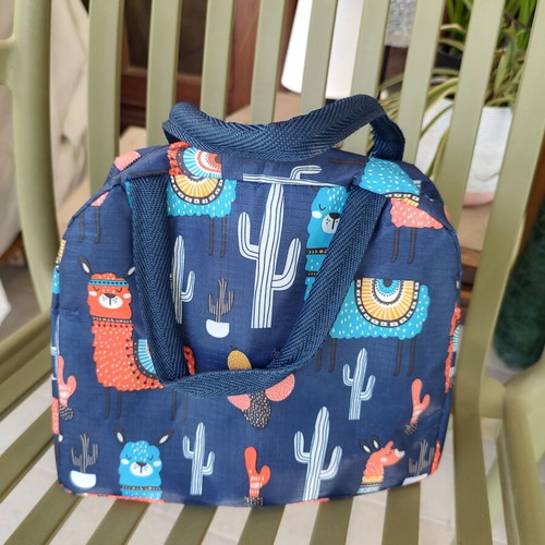 Lunch bag with llama and cactus design, blue