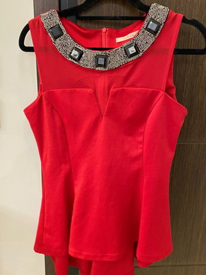 Red blouse with transparency and embroidered beads at neckline new, size M