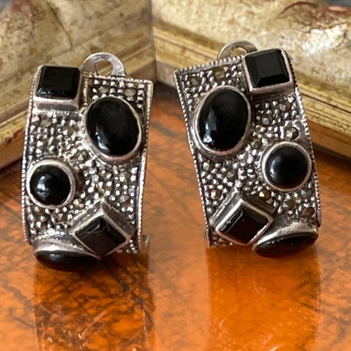 Large handmade silver vintage earrings 925 with agate like new, clip on