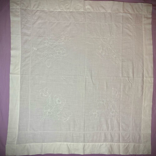 Linen handmade square doily with hand embroidery like new