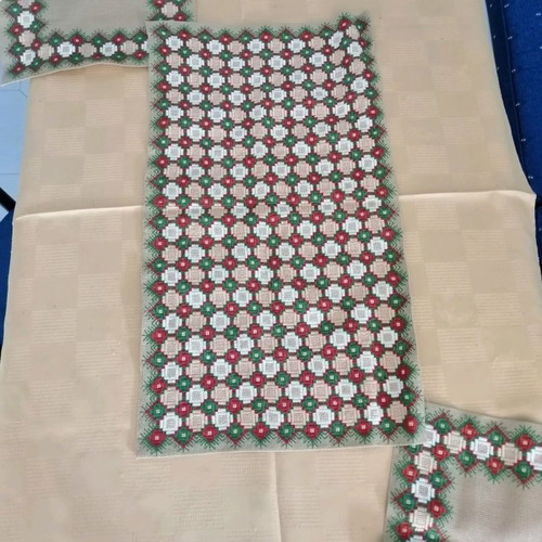 Vintage handmade table runner set with geometric embroidery