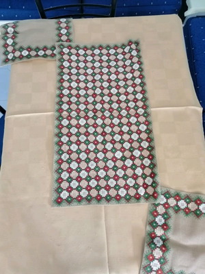 Vintage handmade table runner set with geometric embroidery