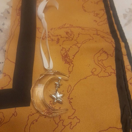 Swarovski Holiday Magic crescent ornament on white grosgrain ribbon new