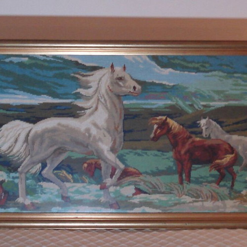 Handmade embroidered painting with wooden frame, horses theme, like new